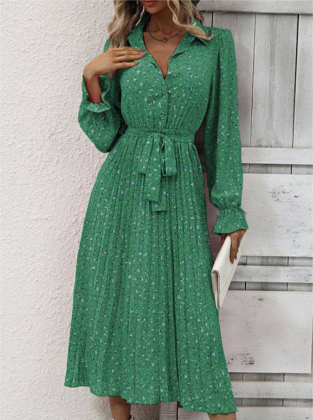Fashionable pleated floral print long-sleeves dress