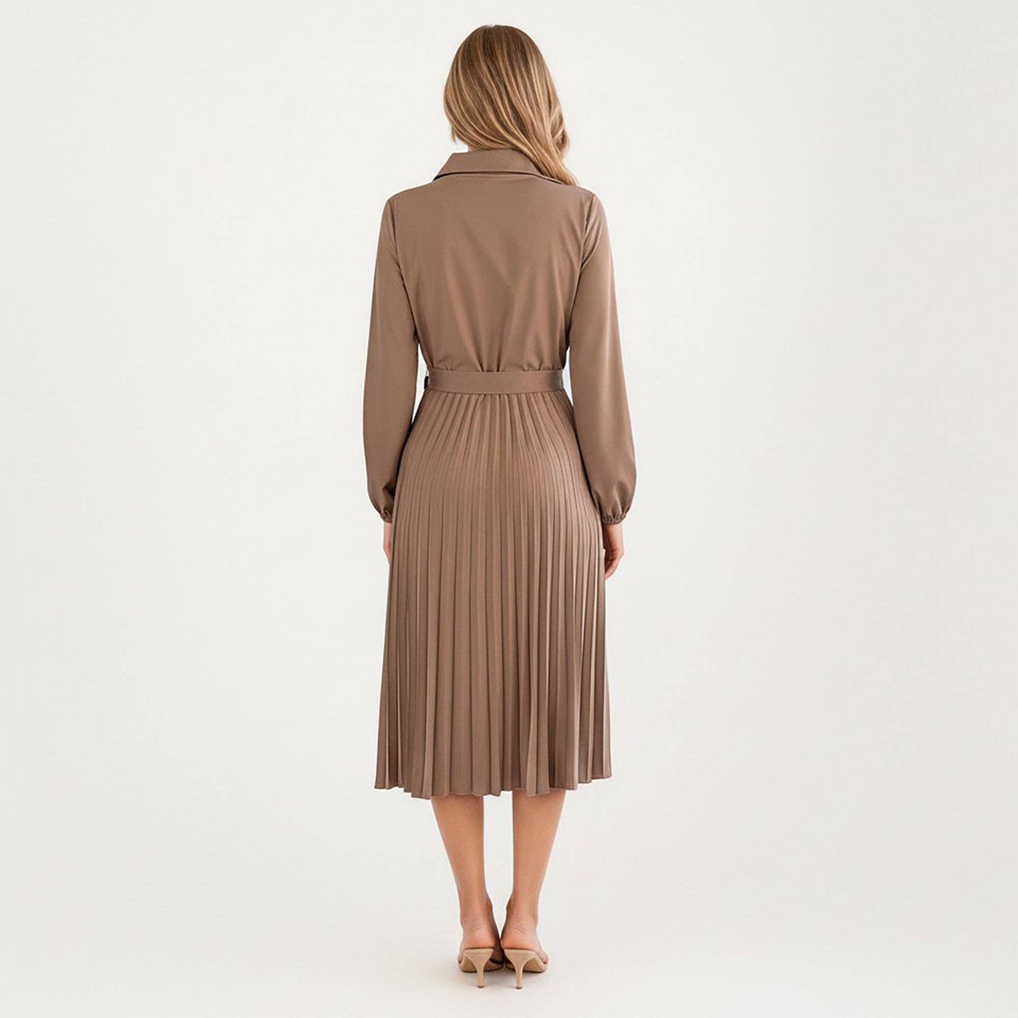 Pleated Midi Dress with Button-Down Front, Long Sleeves, and Waist Tie for a Feminine and Flattering Silhouette