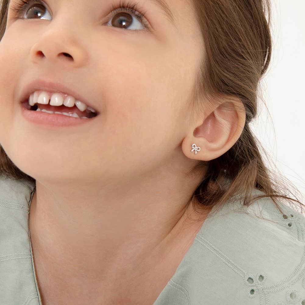 Delicate CZ Bow Baby Toddler Kids Earrings - Sterling Silver