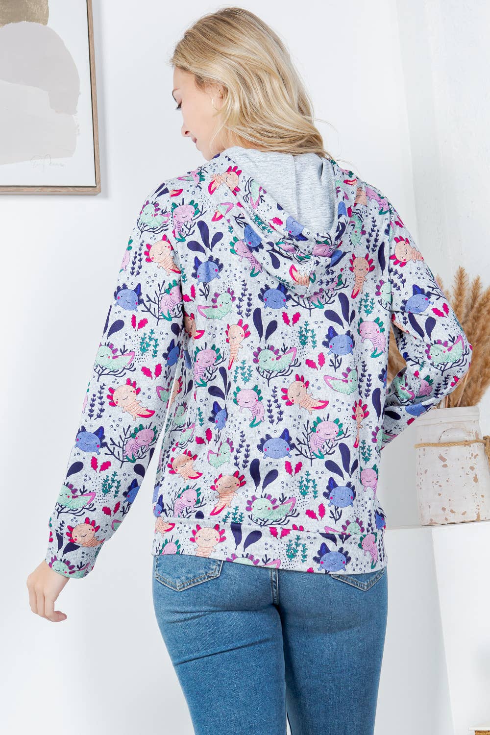 Axolotl Print Soft Sweater Knit Pullover Hoodie