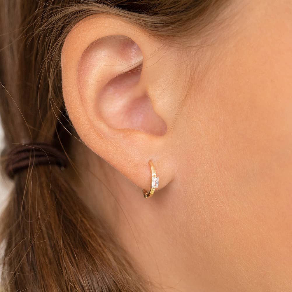 14k Gold Baguette Cut CZ Huggie 9mm Toddler / Kids Earrings