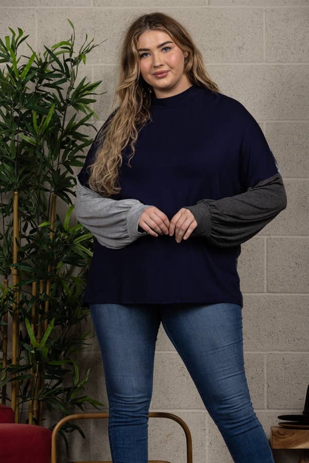NAVY MULTI PATTERN TURTLENECK LONG SLEEVES TOP PLUS SIZE CT4