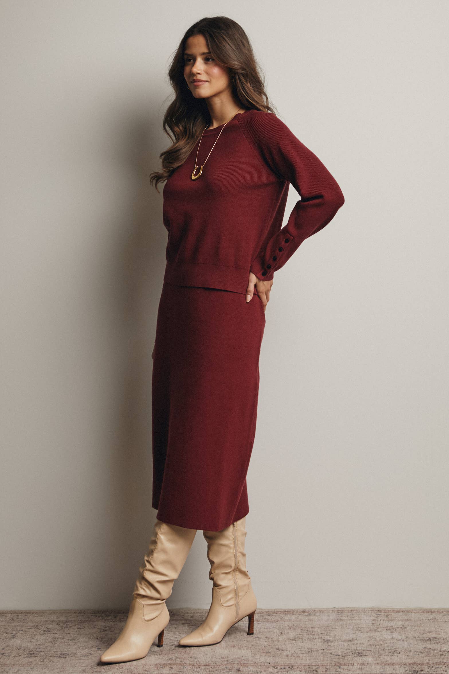 Ribbed Cuff Sweater & Midi Skirt Knit Set FWSET001