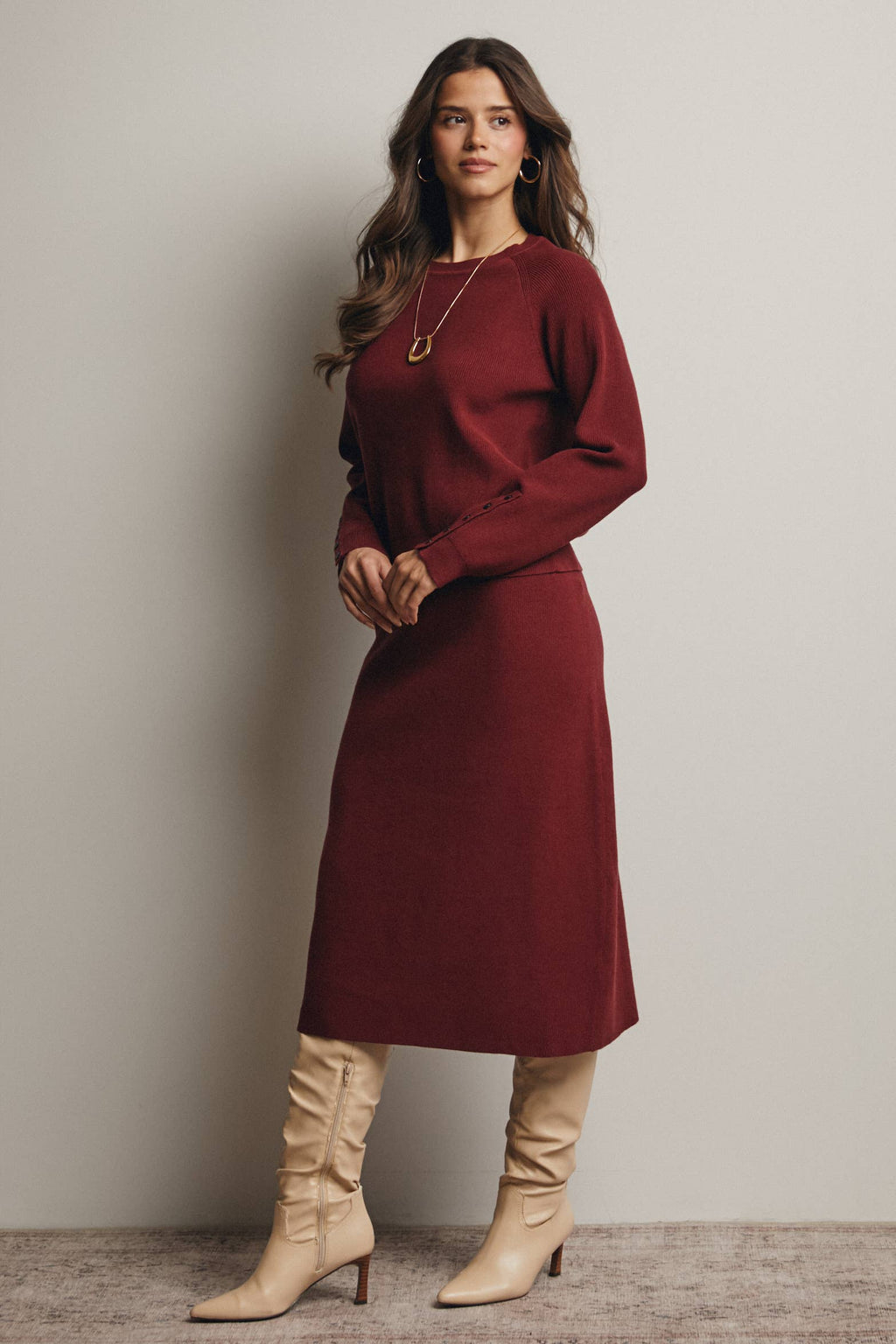 Ribbed Cuff Sweater & Midi Skirt Knit Set FWSET001