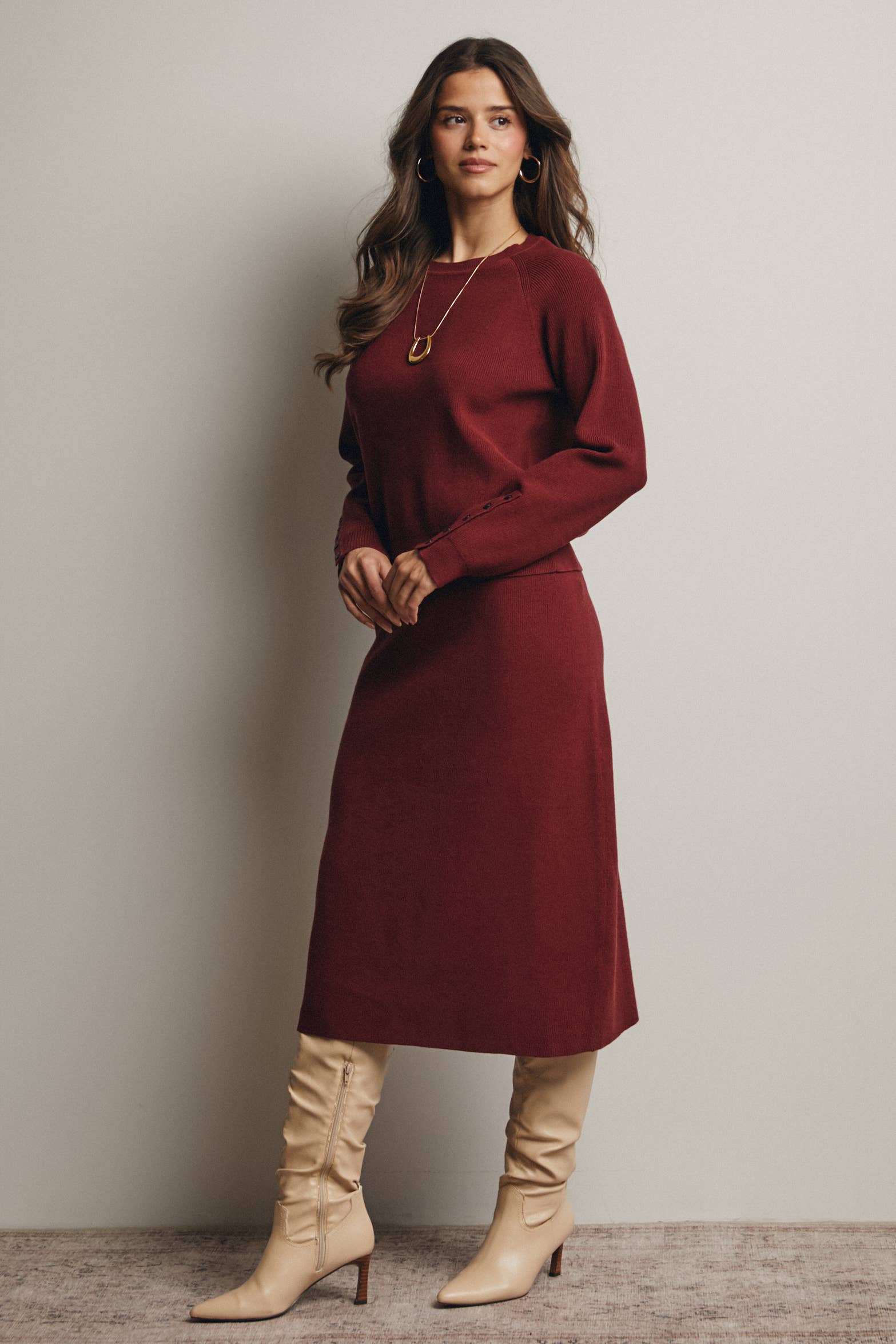 Ribbed Cuff Sweater & Midi Skirt Knit Set FWSET001