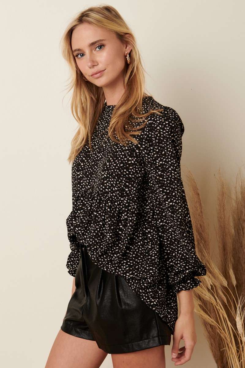 ABSTRACT PRINT RUFFLE MOCK NECK BLOUSE