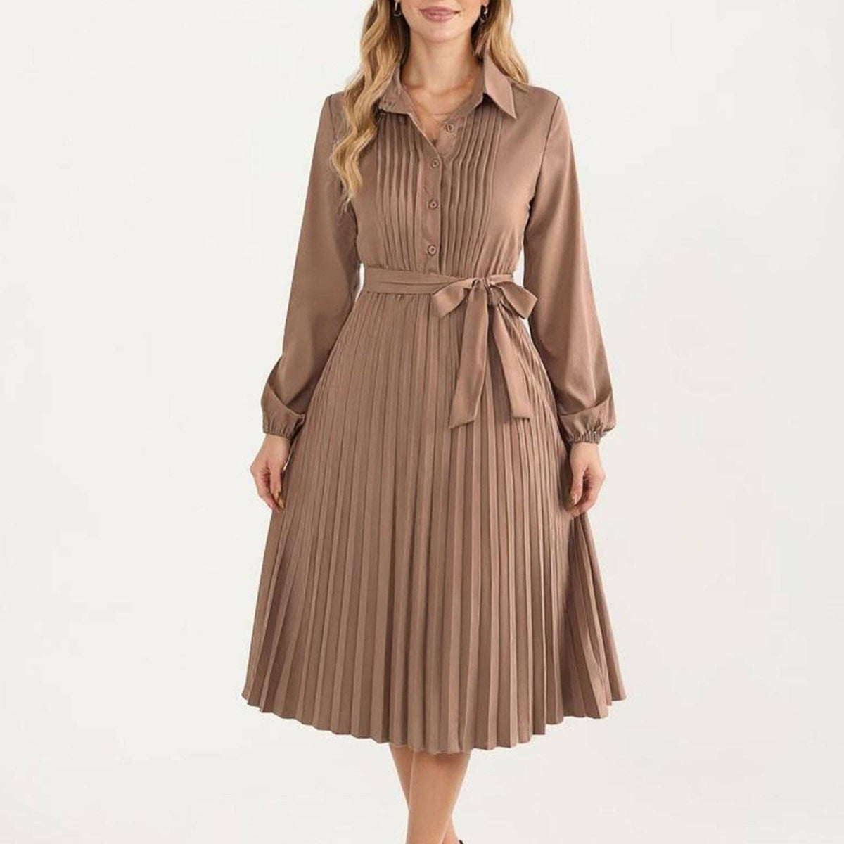 Pleated Midi Dress with Button-Down Front, Long Sleeves, and Waist Tie for a Feminine and Flattering Silhouette