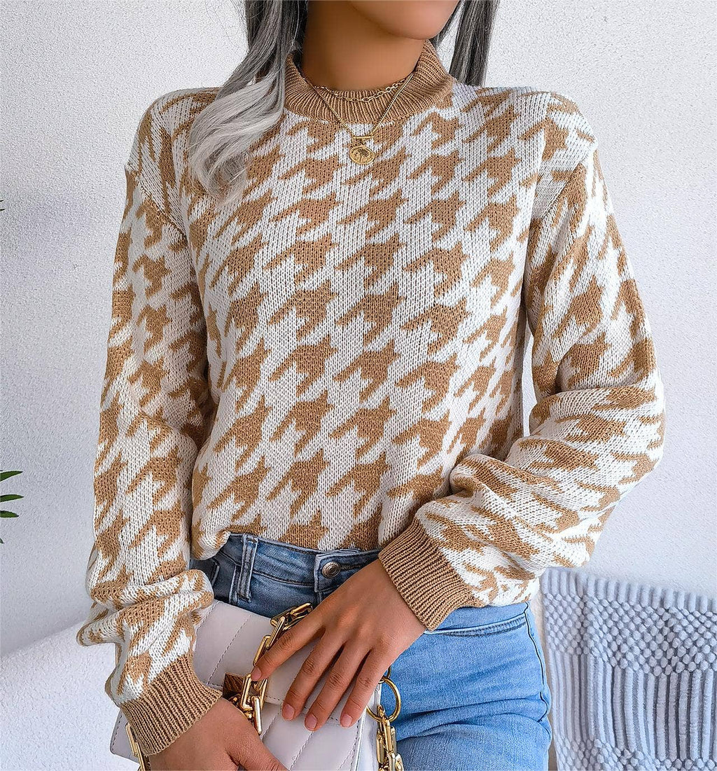Casual houndstooth pullover knit sweater