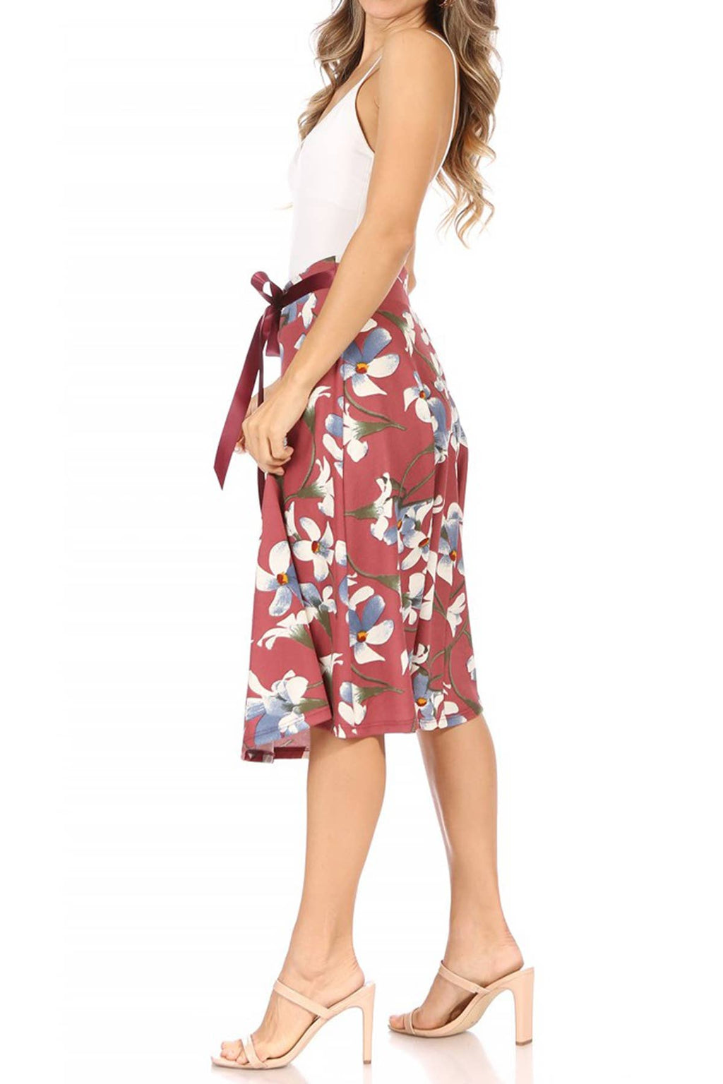 Women's Casual Floral Tie Belted Knee Length Midi Skirt