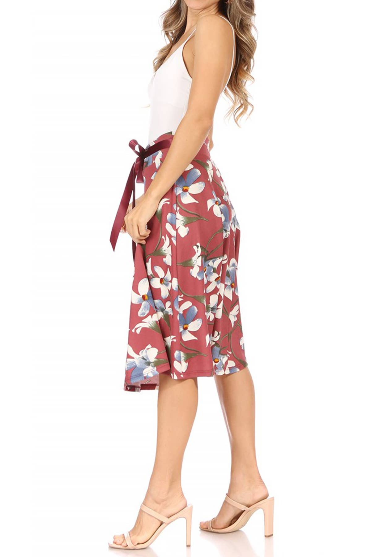 Women's Casual Floral Tie Belted Knee Length Midi Skirt