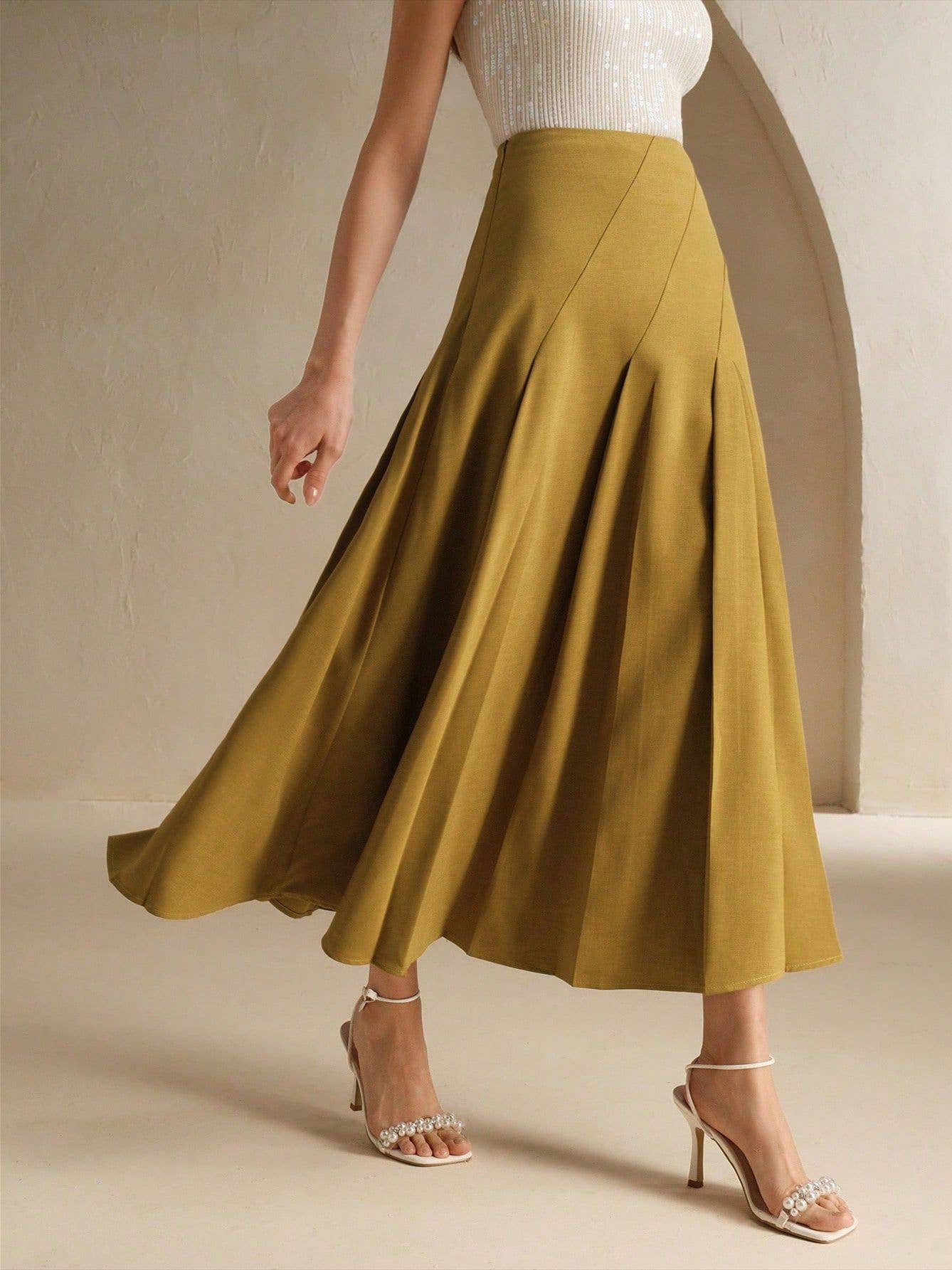 Elegant Asymmetrical Midi Pleated Skirt