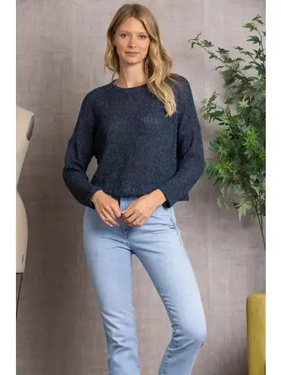 NAVY CREW NECK CABLE KNIT LONG SLEEVES TOP K5704
