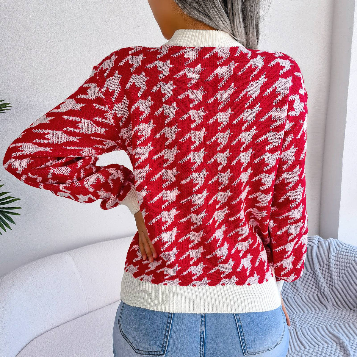 Casual houndstooth pullover knit sweater