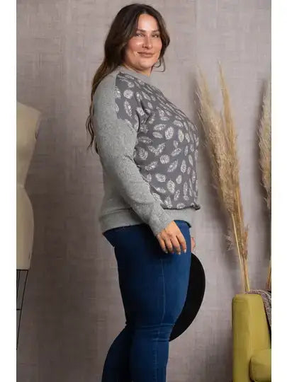 GREY LEAVES PRINT RIB CONTRAST PLUS SIZE TOP-TP1952