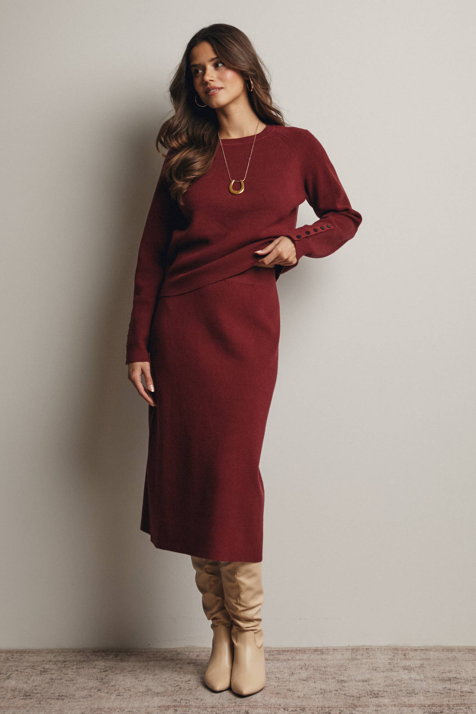 Ribbed Cuff Sweater & Midi Skirt Knit Set FWSET001