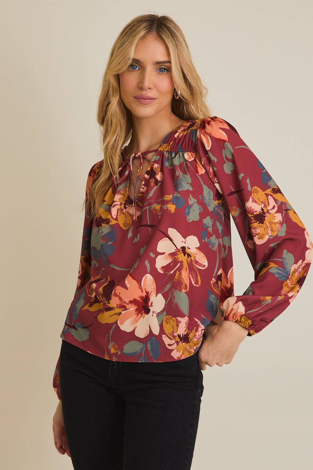 V-NECK FRONT TIE LONG SLEEVE FLORAL TOP