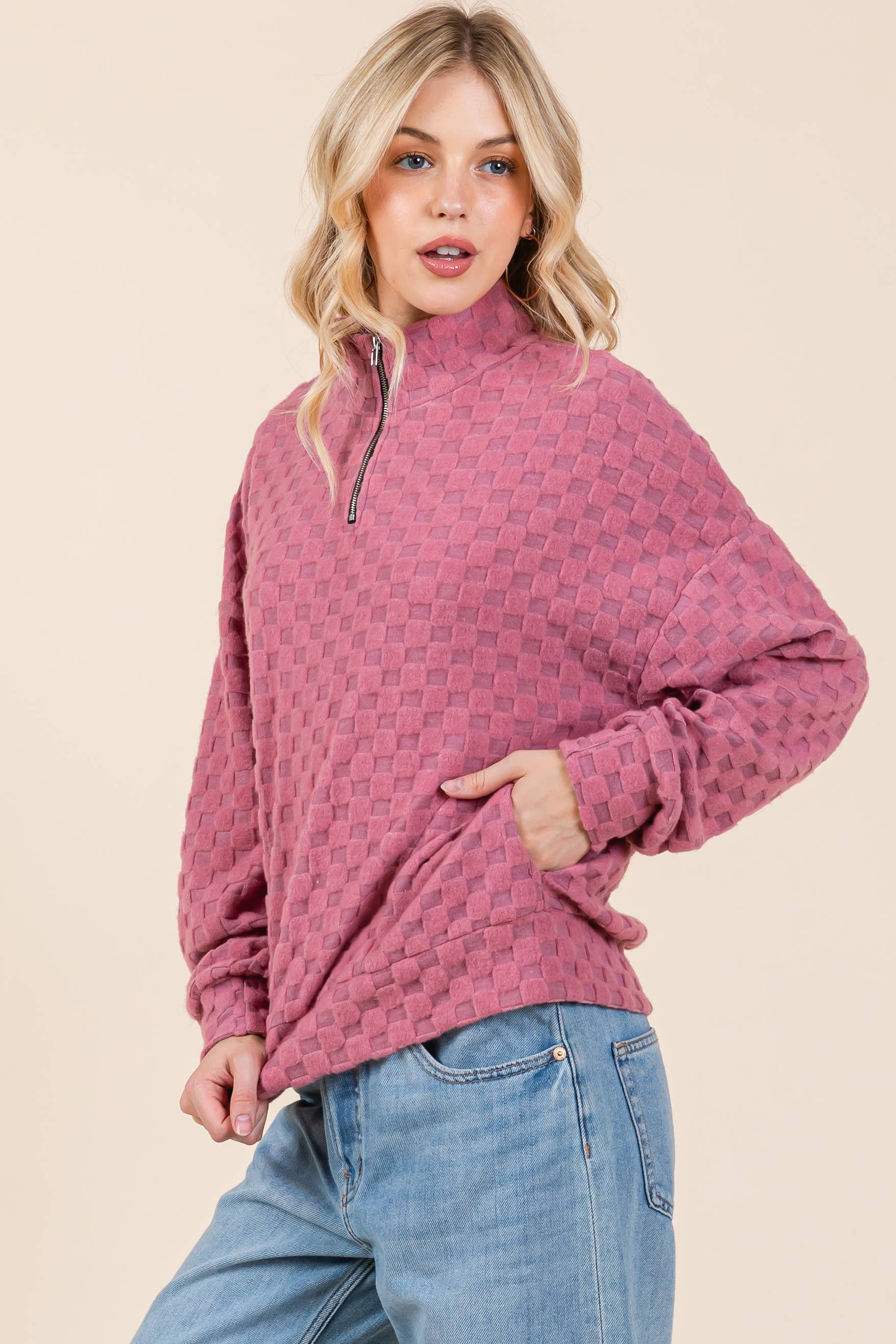 TL1997 FUZZY CHECKERED 1/4 ZIP TOP