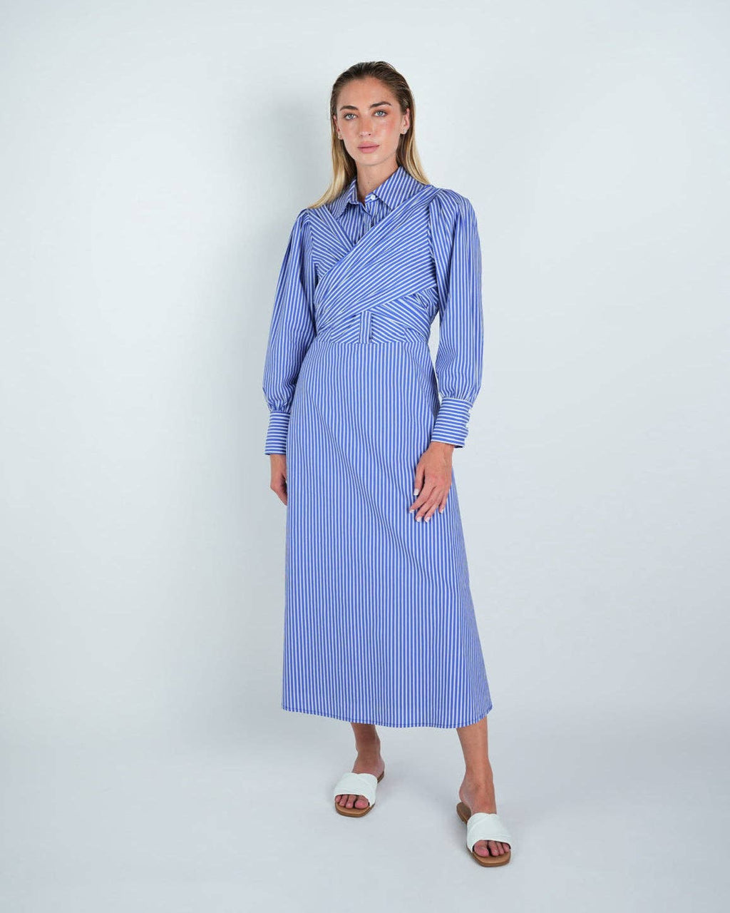 Cotton Striped Criss-Cross Midi Shirt Dress