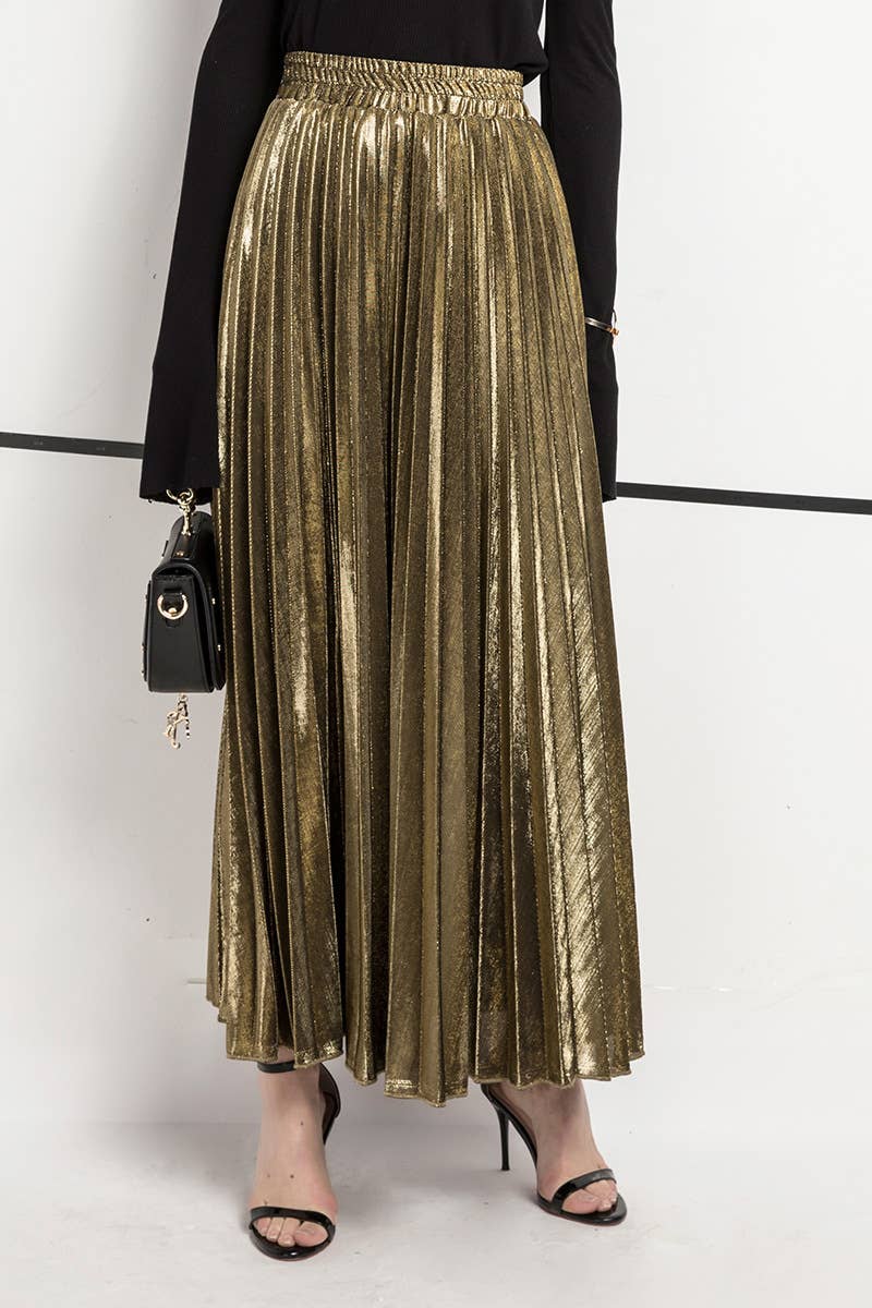 Metallic Elastic waist pleated skirt