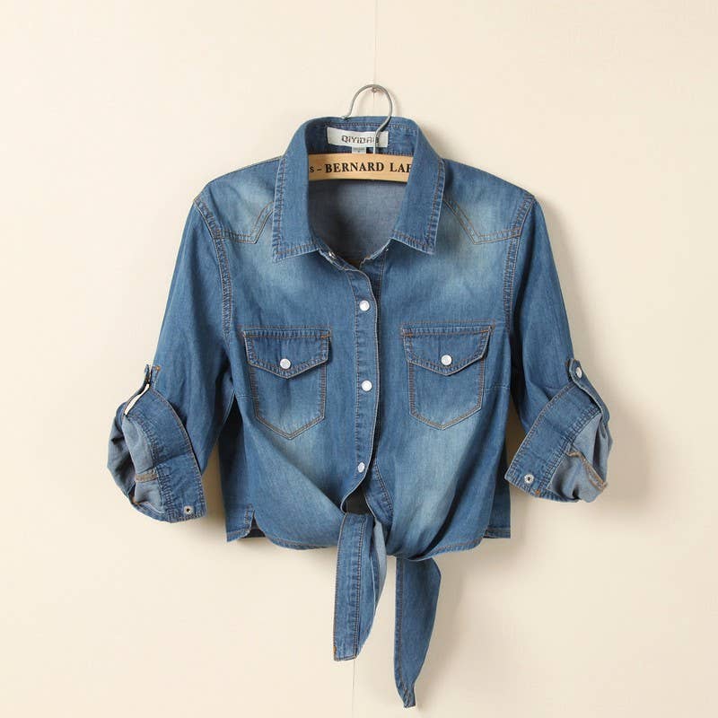 Women's 3/4 Sleeve Denim Navel Tie Shirt Cardigan Top