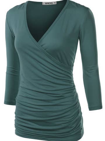 3/4 Sleeve Tank Tops Deep V-Neck Surplice Wrap