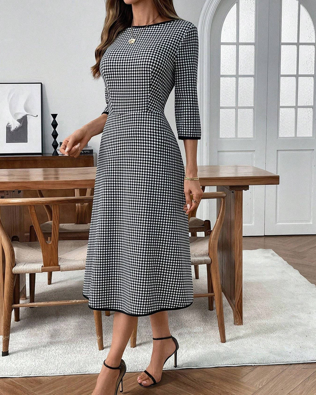 Casual Plaid Dress Elegant Mid Sleeve Slim Dress