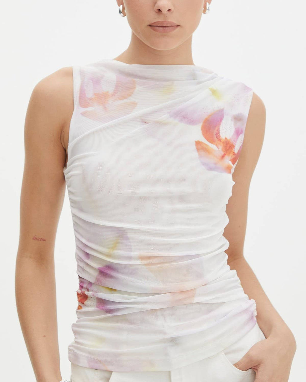 Chic Floral Printed Pleated Slim Mesh Top