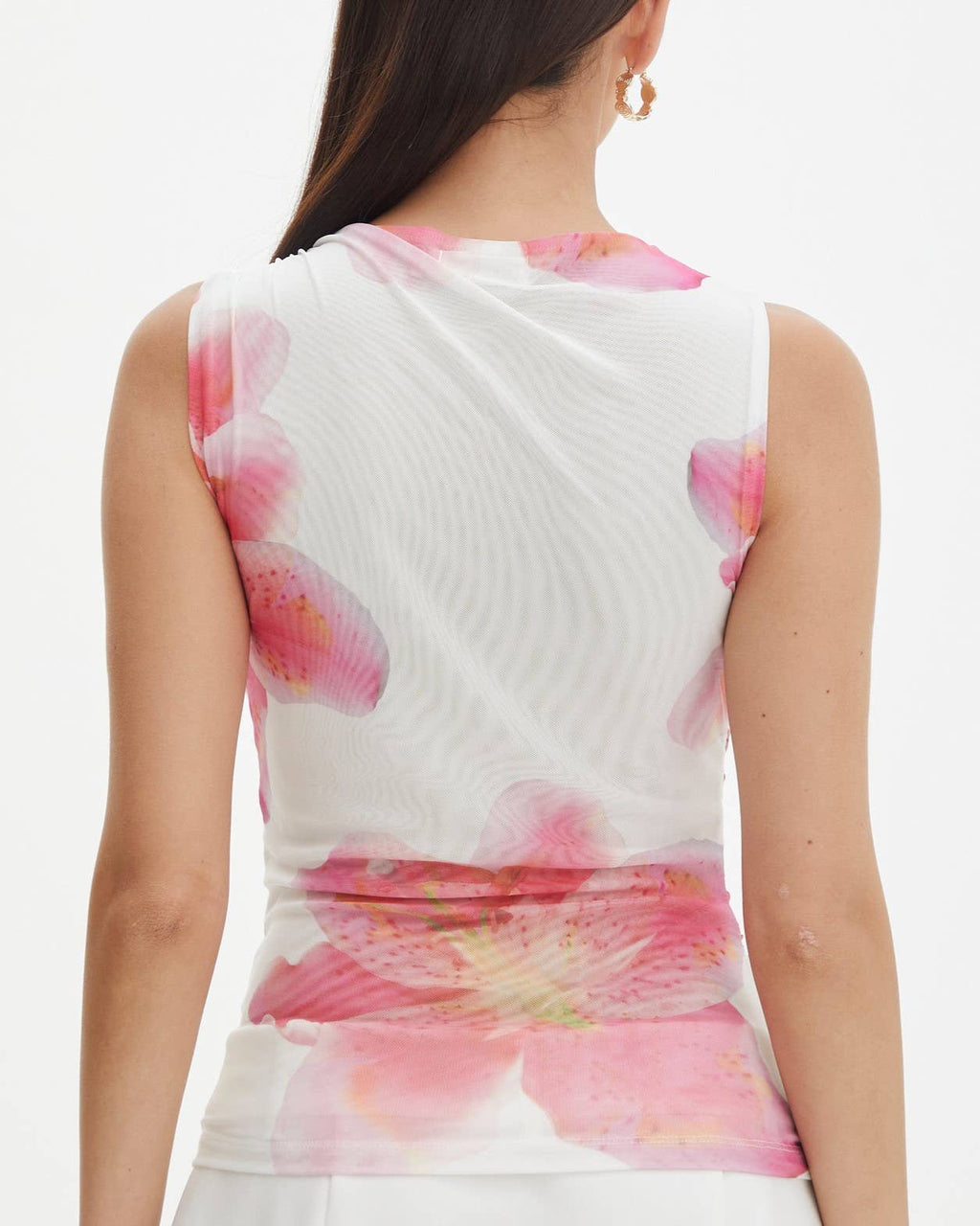 Chic Floral Printed Pleated Slim Mesh Top