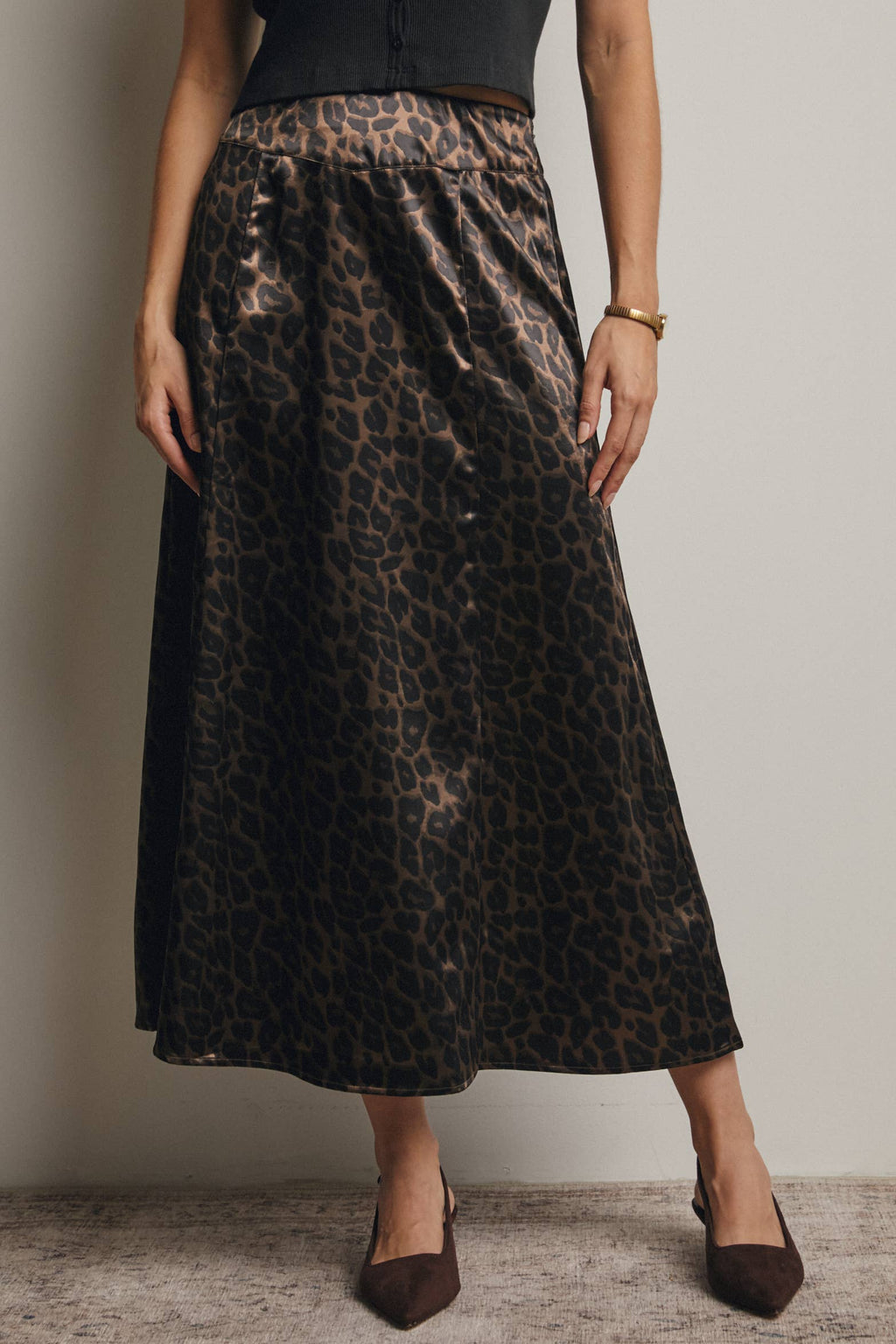 Leopard Print Satin Midi Skirt