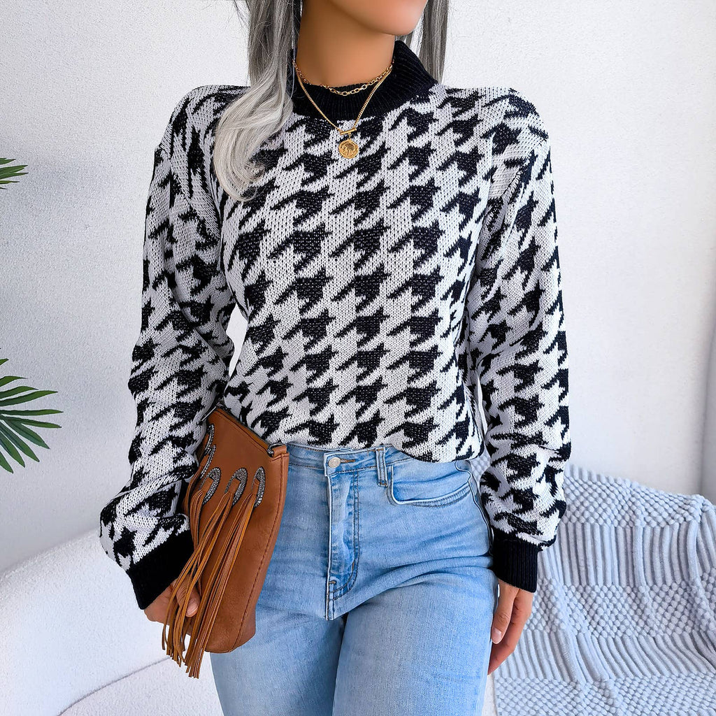 Casual houndstooth pullover knit sweater