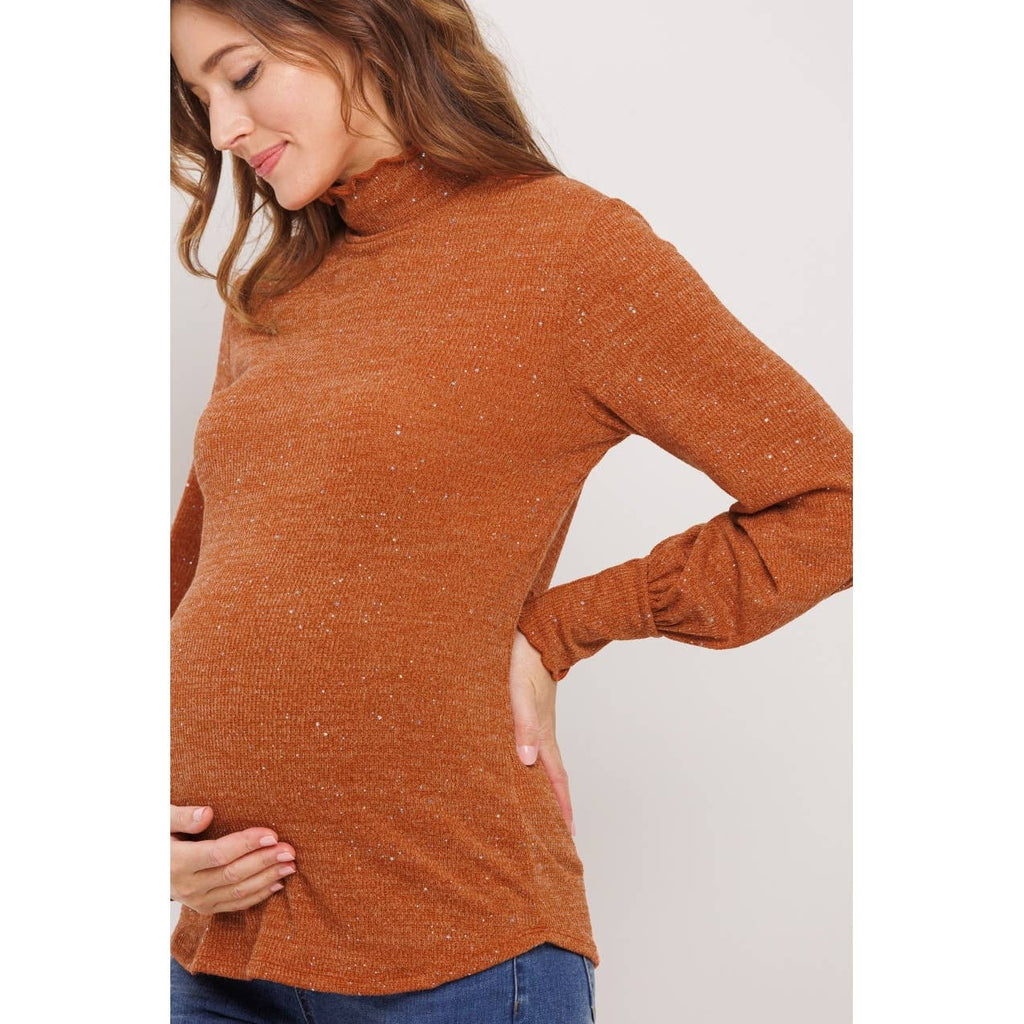 Glitter Knit Long Sleeve Maternity Turtle Neck Top