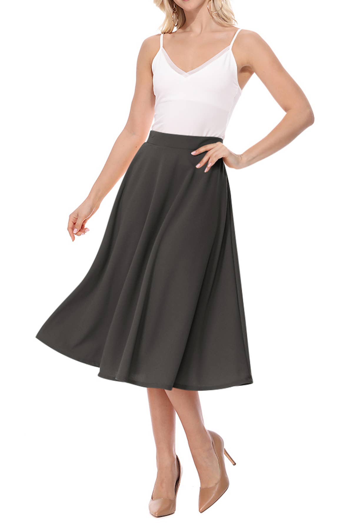 Women's Solid Basic Casual A-line Flared Midi Skirt