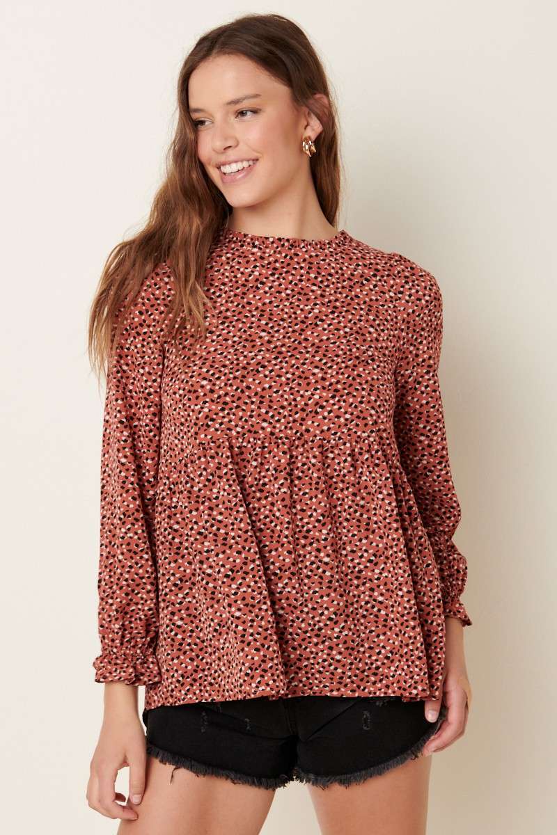 ABSTRACT PRINT RUFFLE MOCK NECK BLOUSE