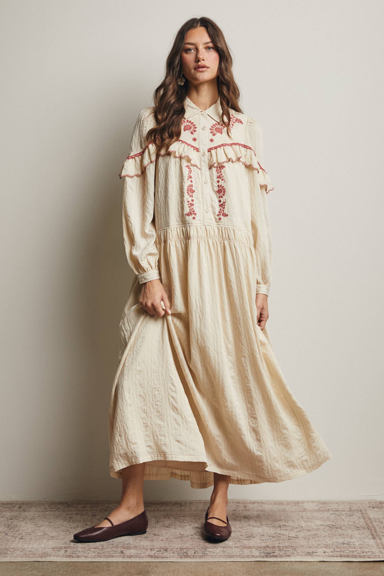 Embroidered Ruffle Trim Maxi Dress FD0018