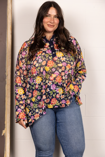 BROWN MANDARIN COLLAR FLORAL PRINT PLUS SIZE TOP T7538