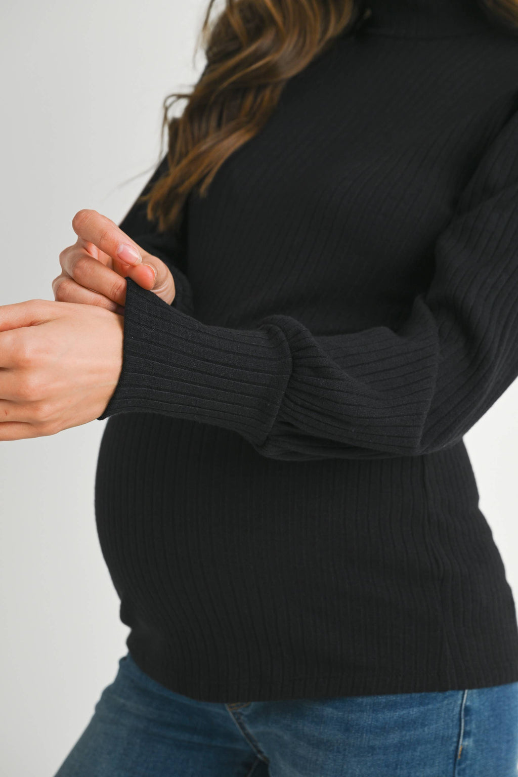 Ribbed Mock Neck Puff Sleeve Maternity Top