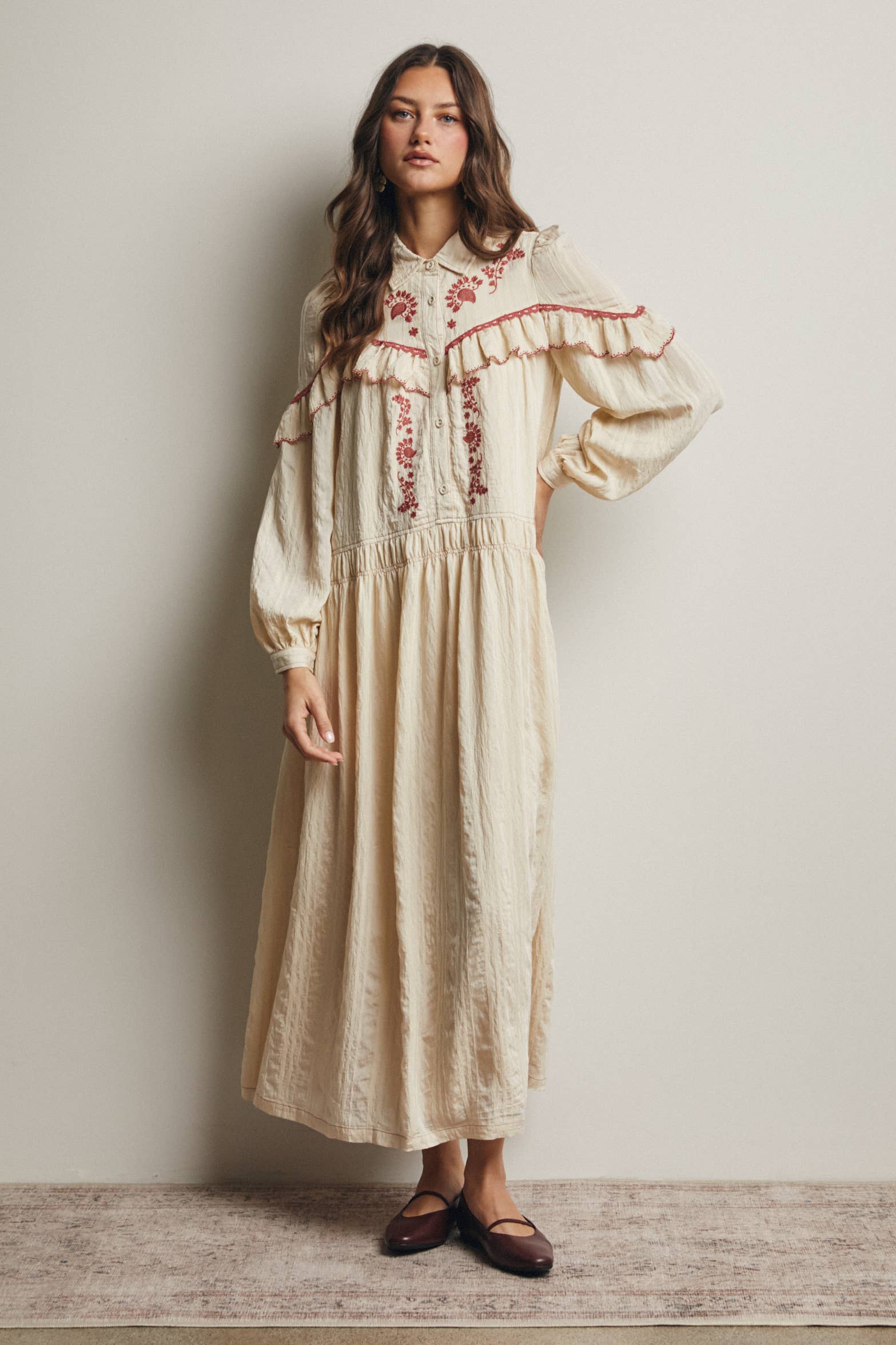 Embroidered Ruffle Trim Maxi Dress FD0018