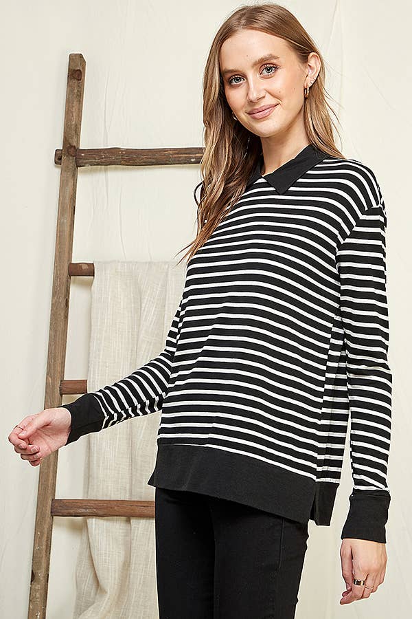 CAY1242LS - STRIPE SWEATSHIRT TOP WITH COLLAR