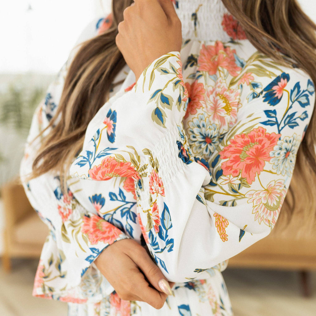Eleanor White Dress | Smocked Dress | Long Sleeve Midi Dress