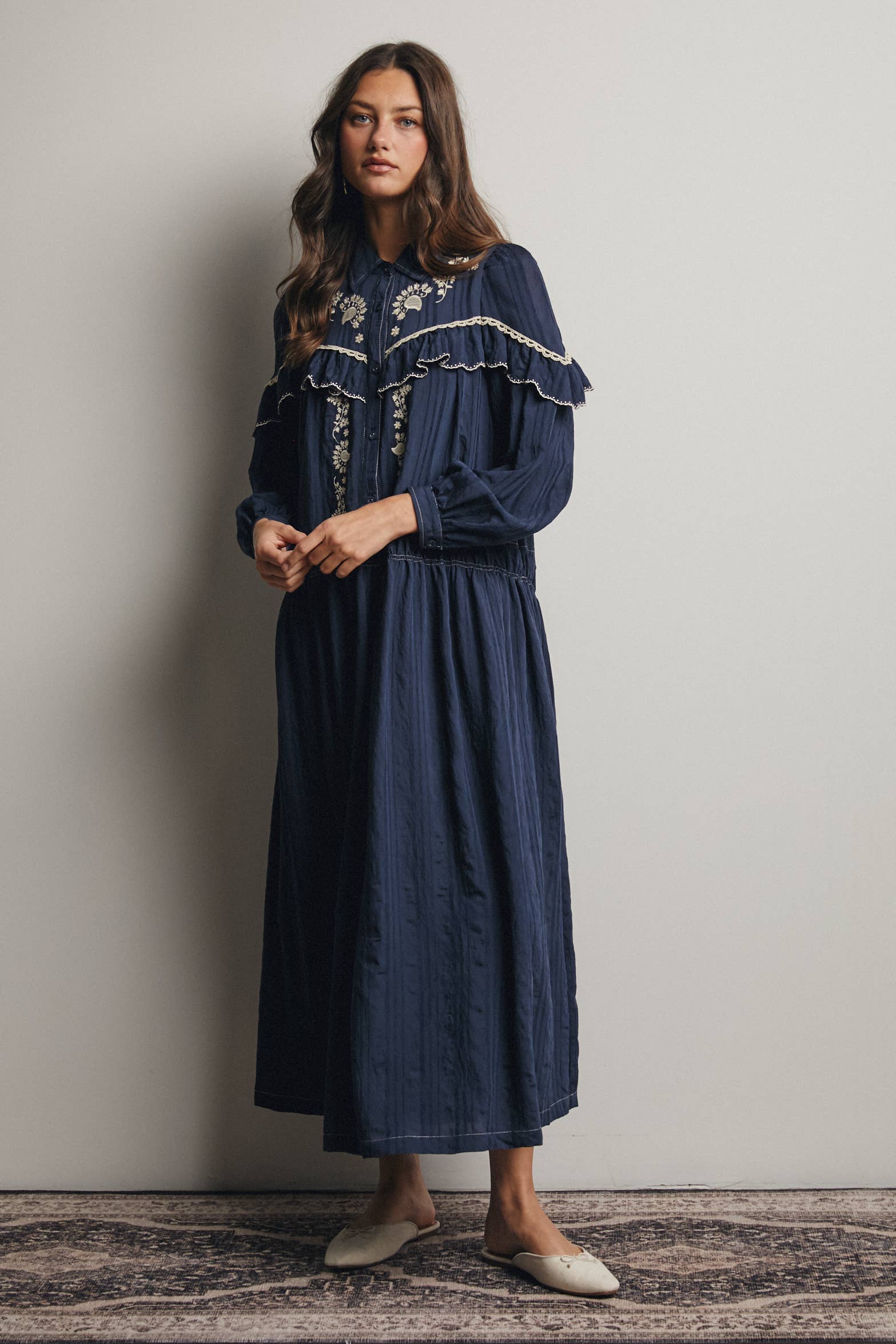 Embroidered Ruffle Trim Maxi Dress FD0018