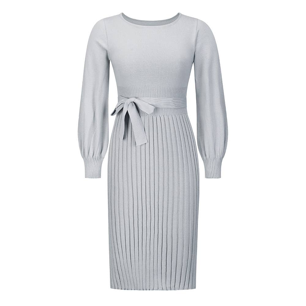 Round-Neck Pleated Midi Sweater Knit Dress