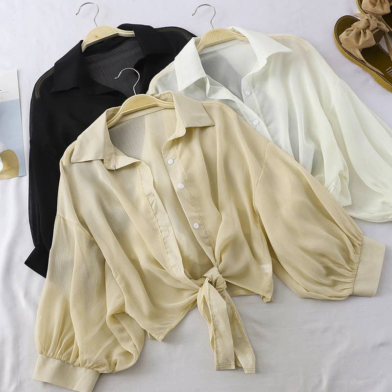 Bat Wing Cropped Casual Chiffon Women Solid Color Shirt
