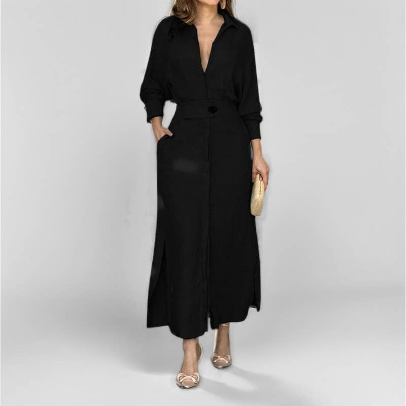 Elegant Button Down Long Sleeve Maxi Dress Casual Chic Style