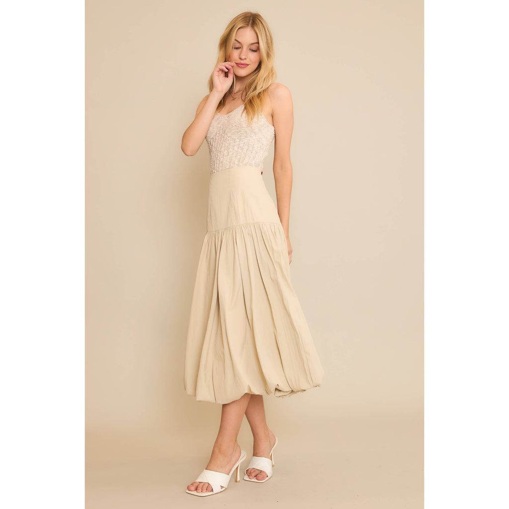 SOFT WOVEN SOLID BUBBLE BALLON MIDI SKIRT - Beige