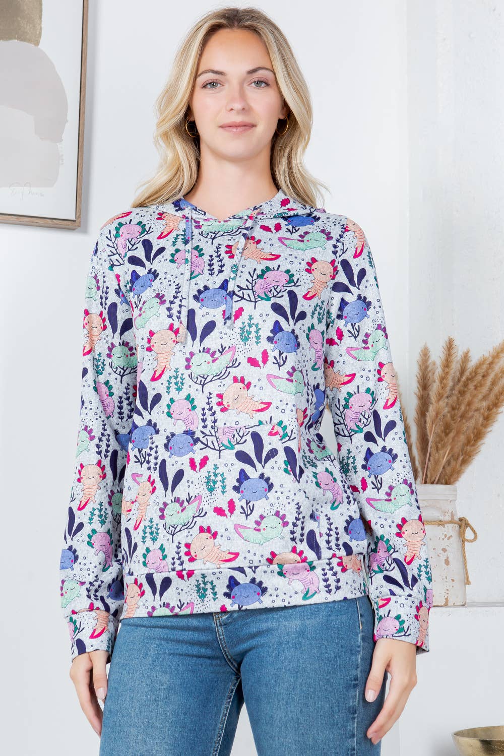Axolotl Print Soft Sweater Knit Pullover Hoodie