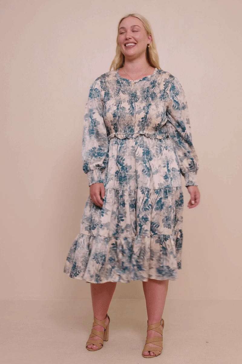 Womens Botanical Print Smocked Bodice Satin Dress