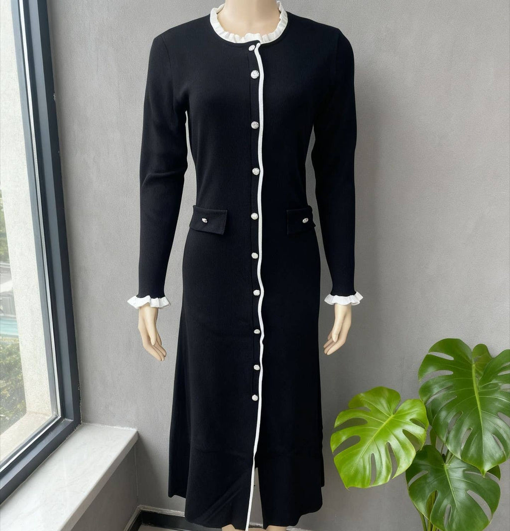 Elegant Color-Block Crew Neck Button Knit Dress