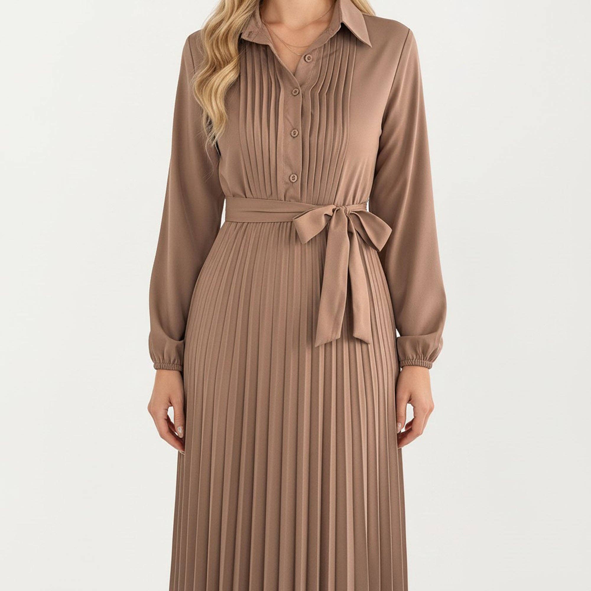 Pleated Midi Dress with Button-Down Front, Long Sleeves, and Waist Tie for a Feminine and Flattering Silhouette