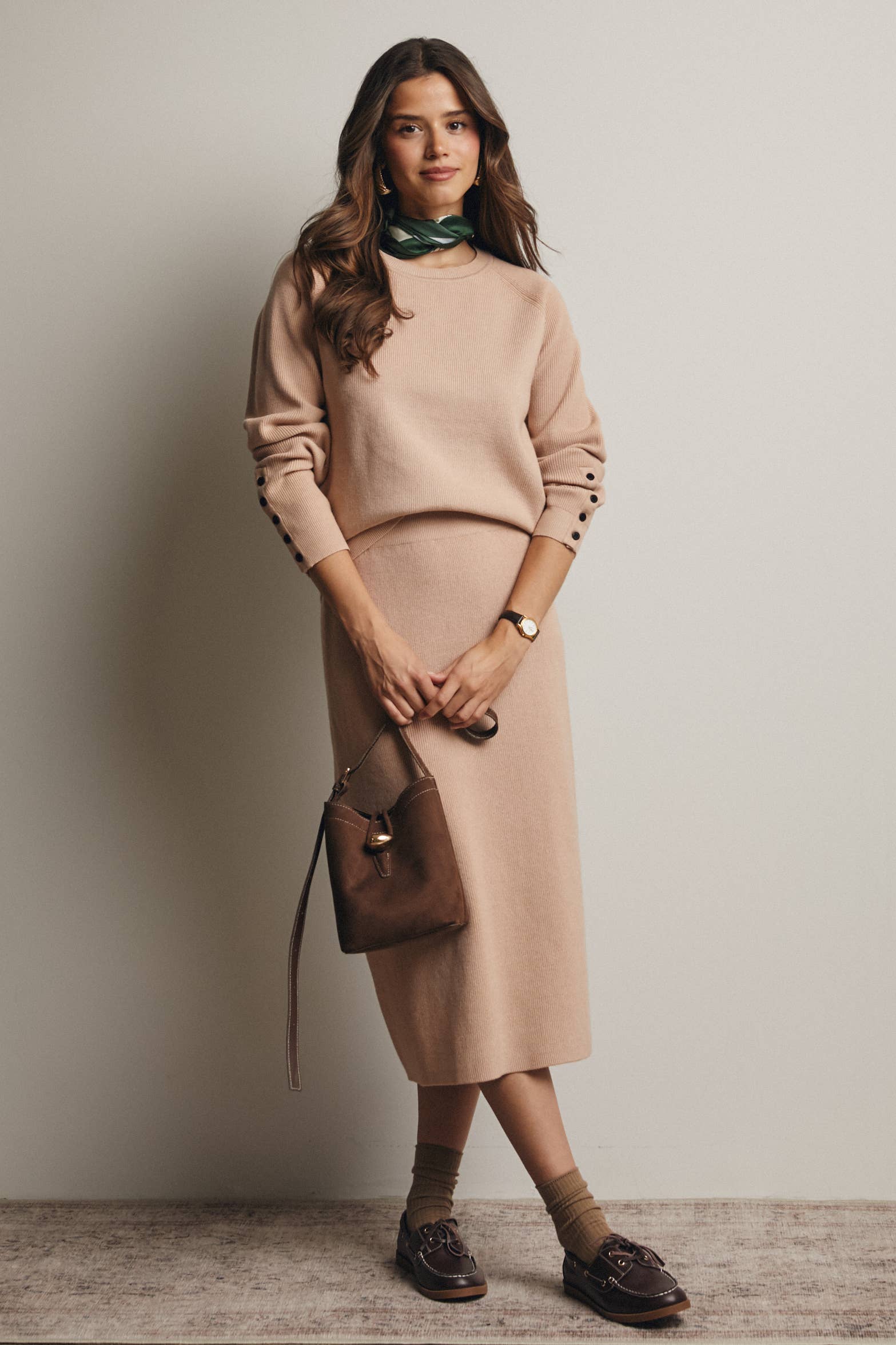 Ribbed Cuff Sweater & Midi Skirt Knit Set FWSET001