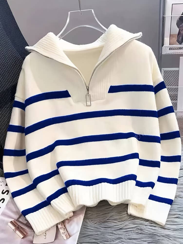 Half zip knit sweatshirt striped sweater